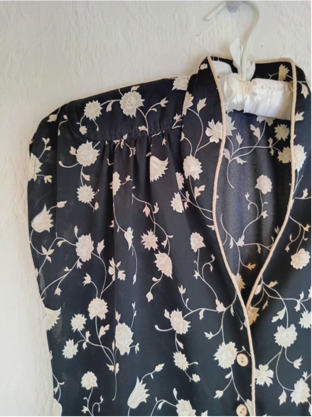 1940s Sheer Peplum Dress Cap Sleeves Black Cream Floral EUC Vintage Romantic XL - Picture 3 of 12